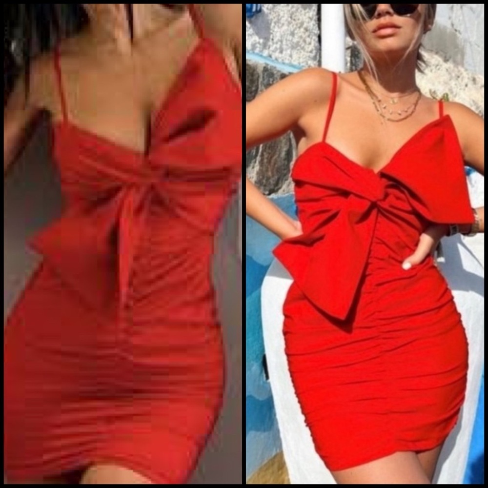 Zara Red Ruched Bow Coquette Bodycon Gathered Mini Party Club Dress Size S